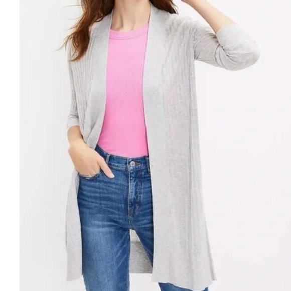 LOFT Sweaters - LOFT GREY RIBBED POCKET DUSTER CARDIGAN